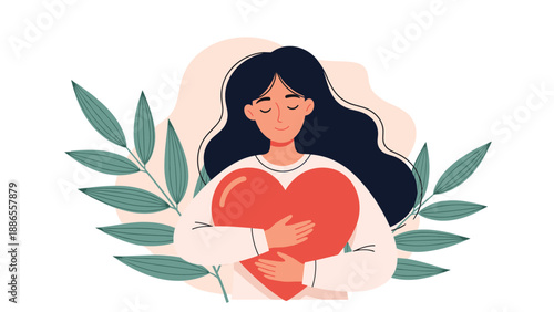 Peaceful young woman with long dark hair eyes closed hugging a large red heart amidst green bamboo leaves.