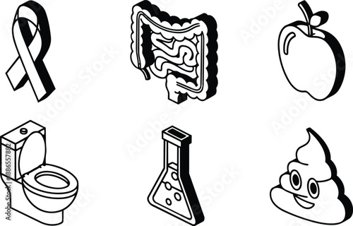 Flat line art isometric medical hygiene icon set ribbon intestine apple toilet flask smiling poop vector illustration black and white minimal monoline health sanitation lab diagnostics