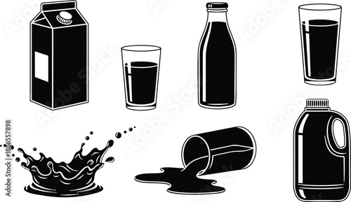 Flat design set of black milk and beverage container icons including carton bottle glass jug spilled cup splash isolated simple vector art on white background minimal