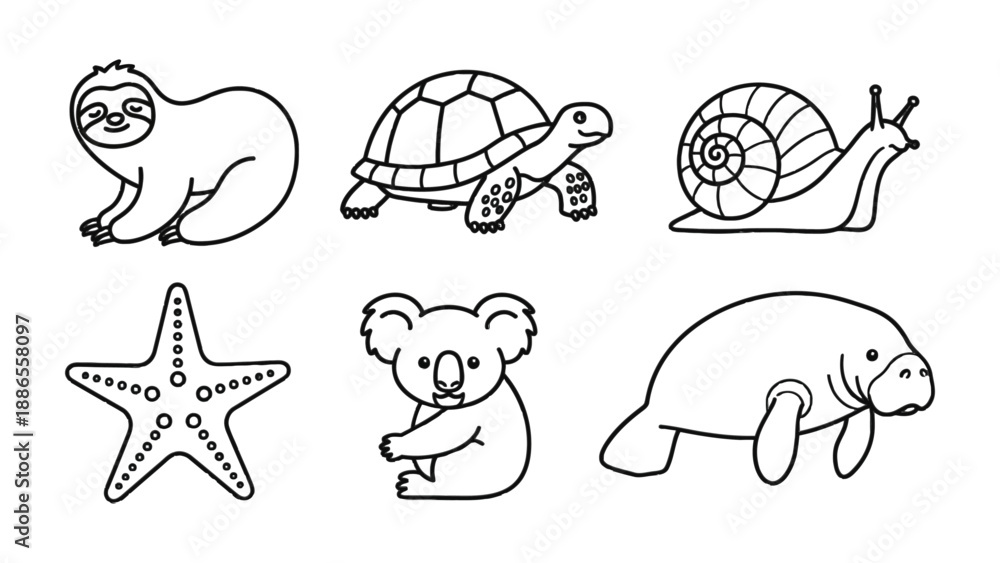 Obraz premium Cute Animal Collection: A delightful collection of charming animal illustrations, including a sloth, turtle, snail, starfish, koala, and manatee, presented in a simple, clean line art style.