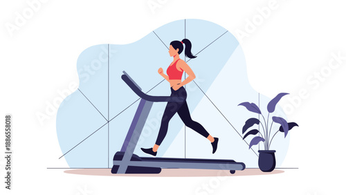 Young woman with ponytail running on a treadmill in a gym setting with a large window and a potted plant in the background.