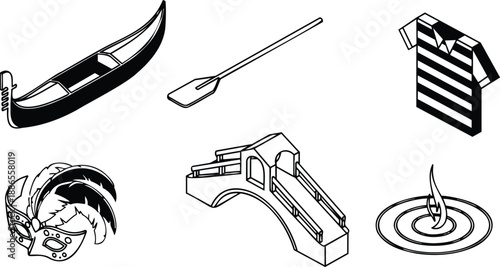 Isometric line art venetian gondola with oar carnival mask striped shirt small bridge incense flame isolated black and white outline vector icons front view perspective simple
