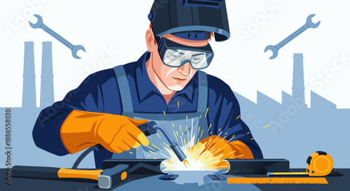 Skilled welder working with sparks flying in an industrial setting, a detailed vector illustration showcasing craftsmanship and heavy industry