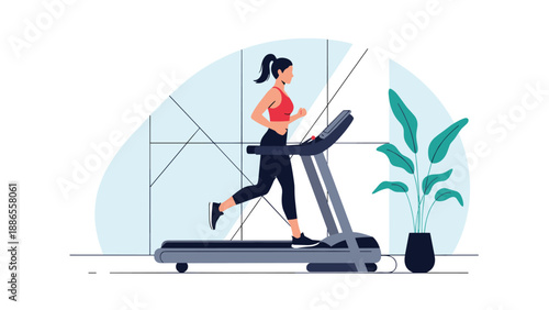 Active woman training on a treadmill at home or gym with a modern window design and a green monstera plant beside her.