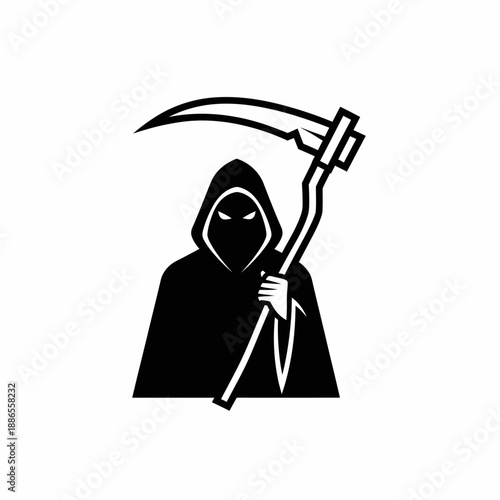 Stylized black and white illustration of the Grim Reaper, a hooded figure with glowing eyes holding a scythe, representing death and mortality.