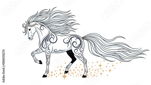 Majestic white horse with swirling decorative patterns and flowing long mane and tail galloping through golden star dust.
