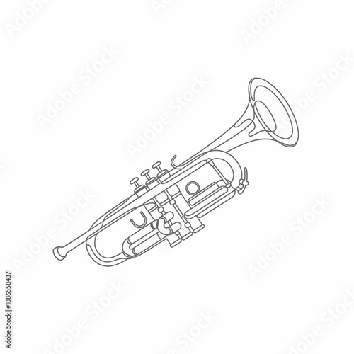 Line art illustration of a classical brass trumpet musical instrument with valves and bell on a white background.
