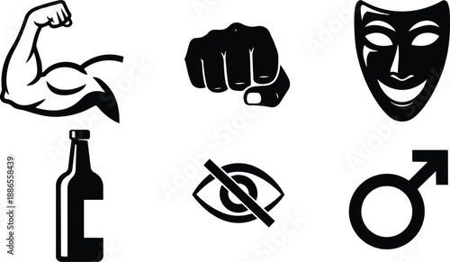 Flat design icon set showing flexed arm clenched fist theatrical mask beer bottle crossed out eye and male symbol bold black silhouettes on white background minimal