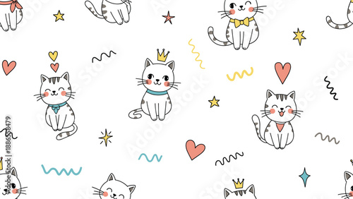 Cute seamless pattern featuring cartoon kittens with crowns, stars, hearts, and colorful squiggles on a white background.