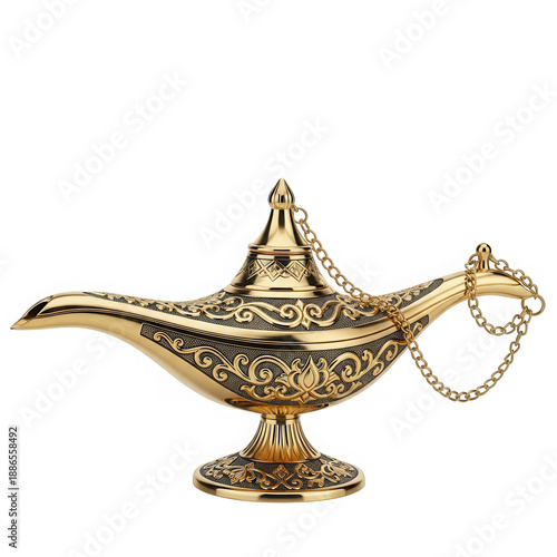 Golden genie lamp, ornate design, isolated on transparent background