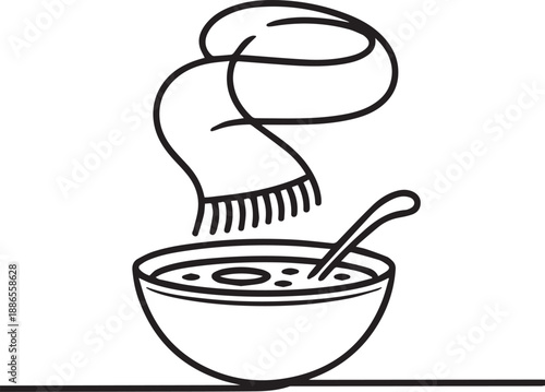 A hand holding a spoon pours liquid into a bowl of food on a table from above viewpoint