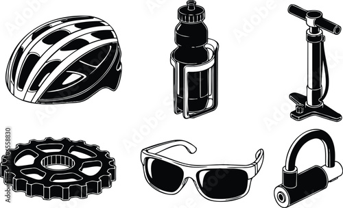 Line art detailed top view bicycle helmet water bottle floor pump sprocket sunglasses u lock arranged isolated on white background high contrast utility accessories set