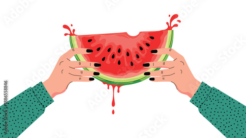 Top view of two hands with black nail polish holding a large slice of juicy red watermelon with seeds and dripping juice.