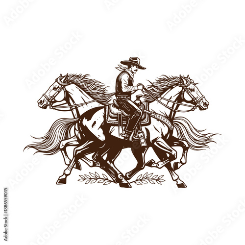 Cowboy riding two horses in tandem with flowing manes