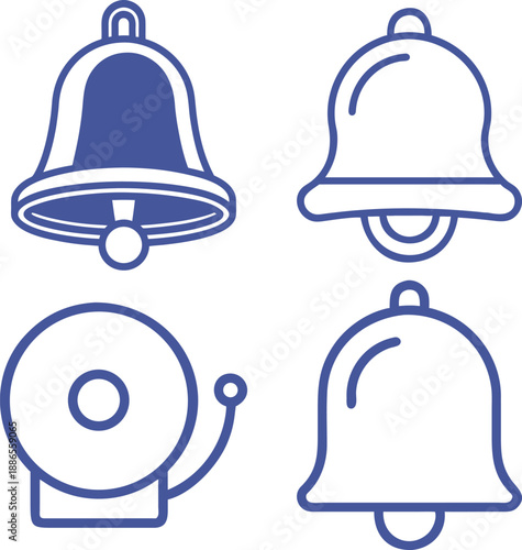 Set of four blue bell line icons for notification and alarm systems featuring classic church bell shapes and mechanical fire alarm