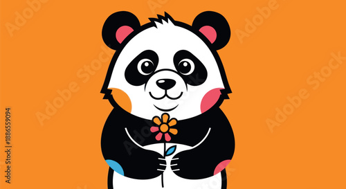 Cartoon panda holding flower
