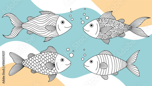 Group of four stylized fish with different patterns like scales, swirls, and stripes in black outline on a blue and yellow background.