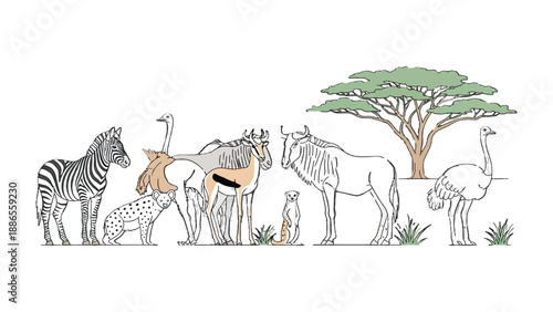 African Wildlife Sketch: A diverse array of African wildlife, including a zebra, cheetah, ostrich, antelope, meerkat, and wildebeest, are artistically arranged.