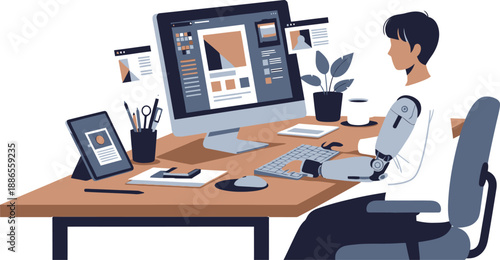 Modern wooden laptop desk with tablet and coffee cup vector illustration flat design workspace setup