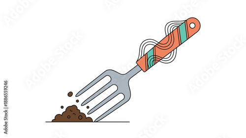 Metal gardening hand fork with an orange patterned handle digging into a small pile of soil isolated on a plain white background.
