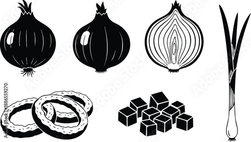 Ink drawing close up whole onion sliced half diced cubes and onion rings with scallion stalk flat vector art kitchen ingredient linework black white bold minimal