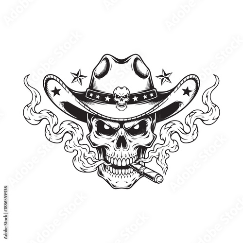 Cowboy skull with cigar and stars