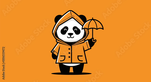 Cartoon panda in orange raincoat holding umbrella