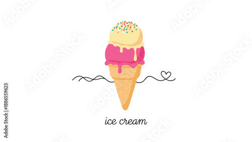 Two scoops of ice cream in a waffle cone with pink and yellow flavors and colorful sprinkles on a white background with a heart.