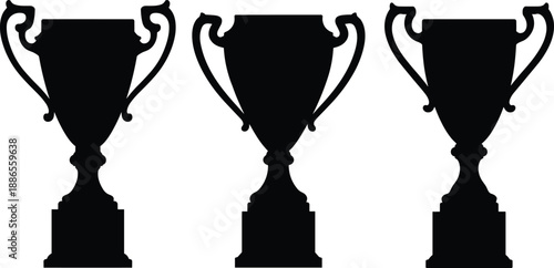 Set of three classic trophy silhouettes with ornate handles and pedestal bases, award icons signifying achievement, victory, recognition, competition celebration