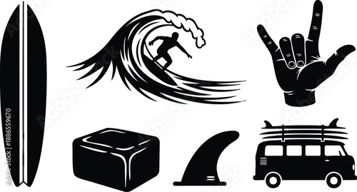 Flat design surfing icon set showing longboard wave surfer hand sign van and fin silhouettes in bold black minimal vector for logo sticker and apparel brand