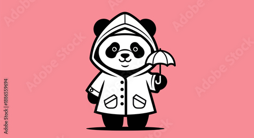 Cartoon panda in raincoat with umbrella