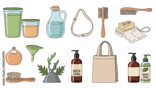 Collection of zero waste and eco friendly household items including glass jars, wooden brushes, reusable bags, and natural soap.