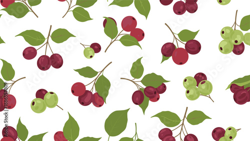 Seamless botanical pattern featuring branches of red and green berries with fresh green leaves on a clean white background.