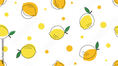 Playful pattern of bright yellow lemons with simple line art leaves and dots on a white background for summer themes.