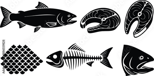Flat design seafood icon set showing whole salmon fish steak fillet fish scales fish skeleton fish head arranged in row bold black silhouettes minimalist vector art