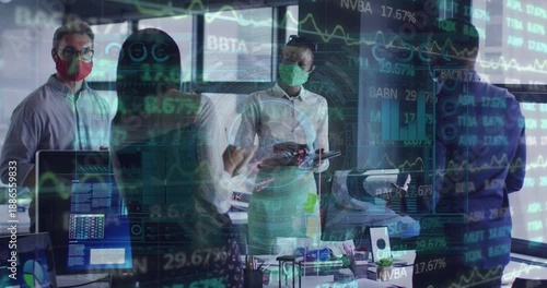 Animation of trading board, circles, graph, radar, diverse coworkers with mask discussing reports