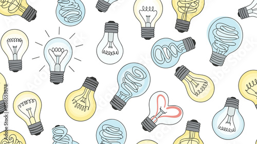 Pattern of various types of light bulbs including traditional incandescent and modern spiral energy saving lamps on white.