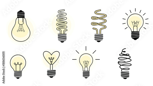 Collection of different light bulb designs including traditional and energy efficient models with some glowing brightly.