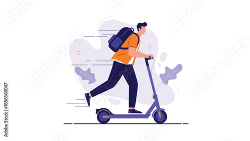 Young man with a backpack riding an electric scooter through a city with abstract motion lines and shapes in the background.