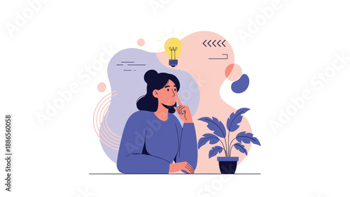 Thoughtful young woman with an idea light bulb above her head sitting at a desk with a potted plant in an abstract setting.
