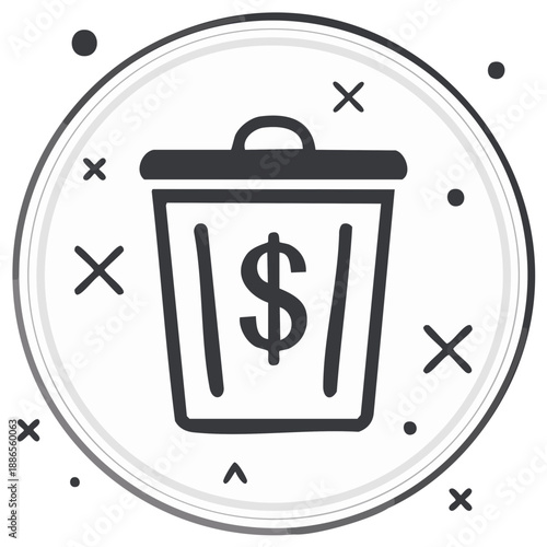Trash can with dollar sign icon on a white background, financial loss concept