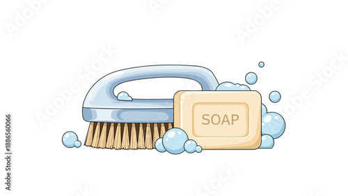 Cleaning brush and a bar of natural soap surrounded by soap bubbles on a white background for hygiene and laundry concepts.