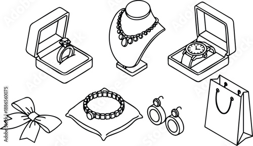 Line art isometric jewelry set close up view with engagement ring in box necklace on bust watch in box bracelet on pillow earrings and gift bag