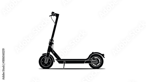 Simple black silhouette of a modern electric kick scooter isolated on a white background for urban transportation concepts.
