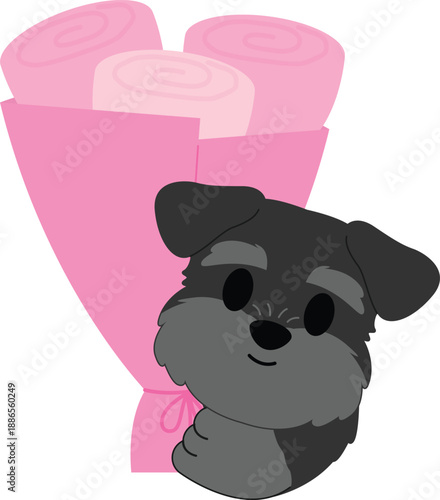Adorable Schnauzer Puppy with a Pink Bouquet
