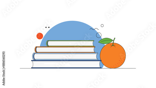 Stack of colorful hardcover books placed next to a large fresh orange fruit against a stylized blue circle background.