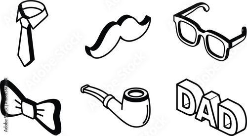 Minimalist line art vector set of mustache pipe tie bow tie glasses and dad 3d lettering isolated icons for fathers day vintage gift black simple outline