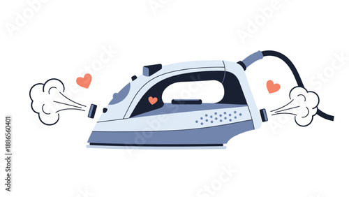Modern steam iron graphic showing a light blue appliance emitting puffs of steam and small red hearts to symbolize domestic care.