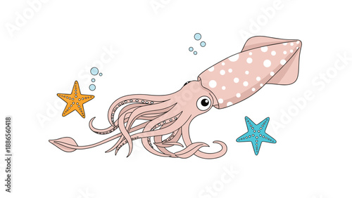 Whimsical underwater scene with a large pink spotted squid swimming gracefully alongside colorful starfish and floating bubbles.