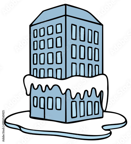 Cartoon Building Covered in Ice and Snow Melting in a Puddle